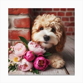 Puppy With Flowers 1 Canvas Print