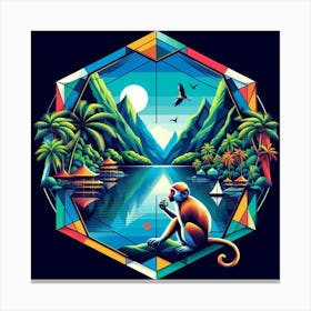 Geometric Art Tropical lake and monkey Canvas Print