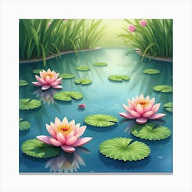 A Serene Pond With Watercolor Water Lilies Floating Gracefully 1 Canvas Print