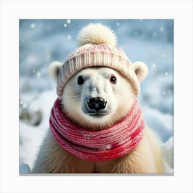 Firefly Playful, Endearing, Polar, Bear, Cub, Fluffy, White, Fur, Snowy, Backdrop, Knit, Cap, Scarf, (2) Canvas Print