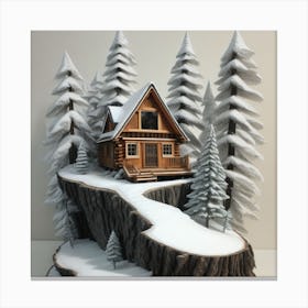 Small wooden hut inside a dense forest of pine trees with falling snow 2 Canvas Print