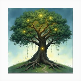 Ancient Mystical Tree With Glowing Runes, Watercolor 1 Canvas Print