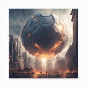 A Futuristic Energy Shield Protecting A City From An Incoming Meteor Shower Canvas Print