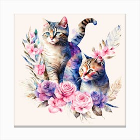 Watercolor Cats With Roses Canvas Print