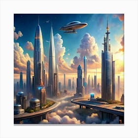 A futuristic cityscape with towering skyscrapers, and flying vehicles. Canvas Print