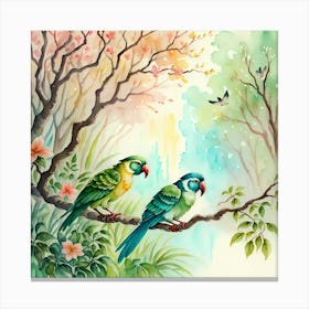 Watercolor Parrots On A Branch With Flowers Canvas Print