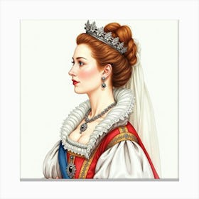 Elegant Watercolor Depiction Of Queen Elizabeth I, Highlighting Her Beauty 1 Canvas Print