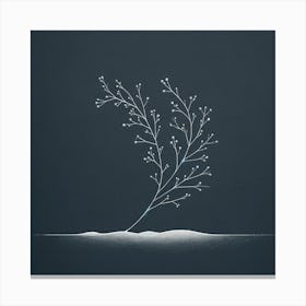 "Solitude in Frost"  In this artwork, a lone branch adorned with frosty buds stands resilient against a deep navy backdrop, its stark white highlights whispering the arrival of winter's touch.  Embrace the hushed elegance of winter with this piece, where the simplicity of a single frost-kissed branch against a serene nocturnal sky brings a peaceful balance to any space, inviting reflection and calm. Canvas Print