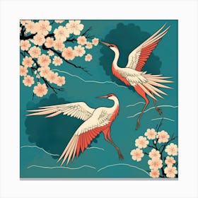 Cranes Flying Over Cherry Blossoms Canvas Print