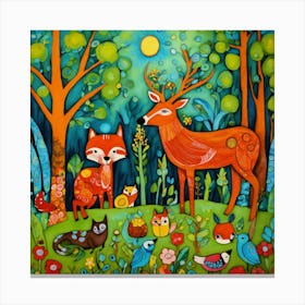 Art Drawing Forest And Animals Scene Folk Art Styl Canvas Print