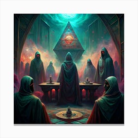 A Group Of Hooded Figures Meeting In A Mysterious Room Canvas Print