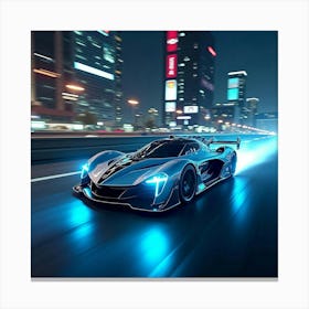 Sleek Flying Car With Glowing Blue Lights, Zooming Through A Neon City 1 Canvas Print