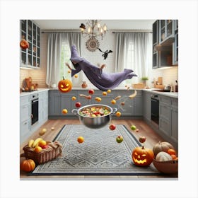 Halloween Witch Flying In The Kitchen Canvas Print