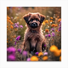 Puppy In A Field Of Flowers Canvas Print