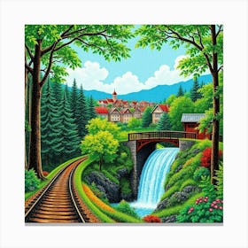 Train Tracks And Waterfall Canvas Print