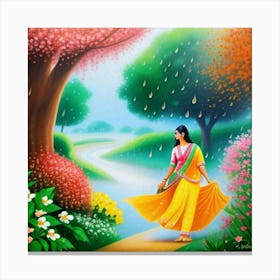 Indian Woman Walking In The Rain Canvas Print