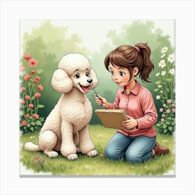 A Poodle And A Woman Painting Together In A Garden, Watercolor 1 Canvas Print