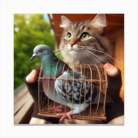 Pigeon And Cat In Cage 1 Canvas Print