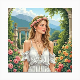 A Beautiful Greek Woman In Watercolor, Surrounded By The Lush Beauty Of A Mediterranean Garden 1 Canvas Print