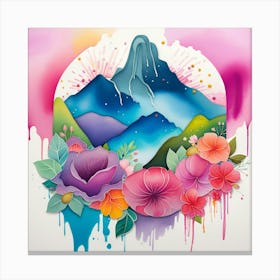 Watercolor Mountains And Flowers Polynesian textured Monohromatic Canvas Print