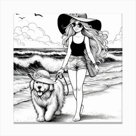 Line Art lady with a dog on the beach 5 Canvas Print