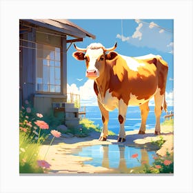 Cow In Front Of A House Canvas Print