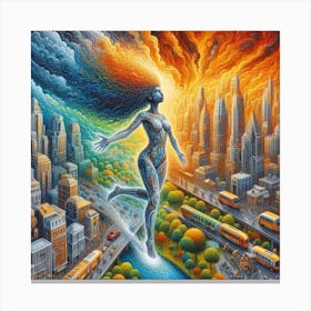 Woman Flying Over A City Canvas Print