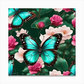 Blue Butterflies And Roses Canvas Print