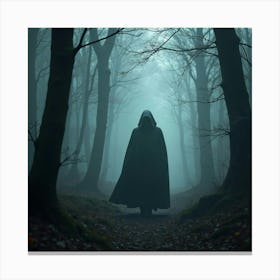 Mysterious Shadowy Figure In A Cloak Walking Through A Misty, Magical Forest 1 Canvas Print