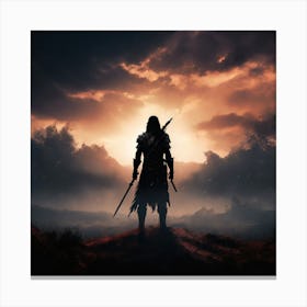 Witcher 3, A Silhouette Of A Warrior Standing Tall On A Battlefield With A Serene Background Signifying Inner Canvas Print