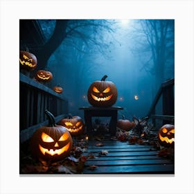 Fog Holiday Greeting Scarey Evil Dark Ominous Leaf Stripes Haunting Wood Carving Flames (26) Canvas Print