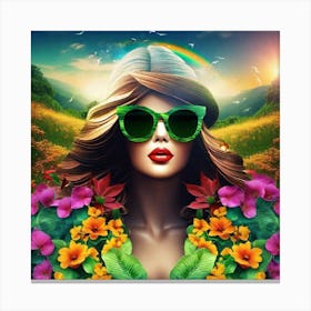 Girl With Sunglasses And Flowers Canvas Print