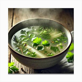 A Close Up Of A Steaming Bowl Of Water Based Broth Canvas Print