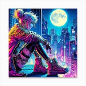 Neon Punk Girl Sitting On Ledge Of A City Canvas Print