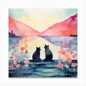 Cats Together At Lake Sunset Canvas Print