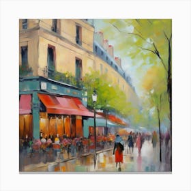 Paris Cafes.Paris city, pedestrians, cafes, oil paints, spring colors. Canvas Print