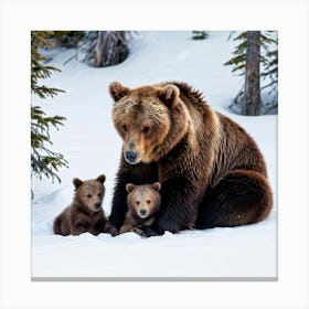 Alaskan Brown Bear Mother Cradling Her Resting Cubs During A Serene Winter Day In The Alpine Forest Canvas Print