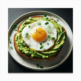 A delectable breakfast of avocado toast with a perfectly runny egg, nestled on a crisp slice of whole wheat toast. The vibrant green of the avocado is complemented by the golden yolk of the egg, creating a visually stunning and mouthwatering dish. The toast is adorned with a sprinkle of fresh herbs, adding a touch of aromatic freshness. This breakfast is not only delicious but also nutritious, providing a balanced combination of healthy fats, protein, and carbohydrates to kickstart your day Canvas Print