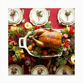 Classy Home Dinner Setting Capturing An Elegantly Roasted Turkey Resting On An Antiquated Platter B Canvas Print