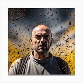 The Image Depicts A Man With A Shaved Head Standing In Front Of A Yellow Background Filled With Bees 2 Canvas Print