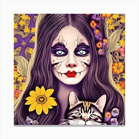 Day Of The Dead Girl With Cat Canvas Print