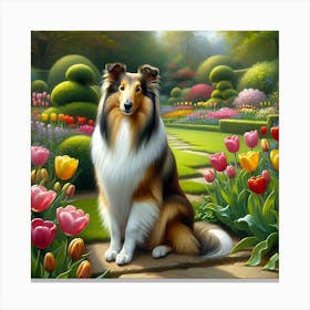 Collie Dog In The Garden With Flowers Canvas Print