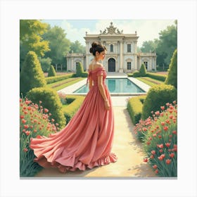 Distinguished Lady In A Watercolor Grand Palace Garden 1 Canvas Print