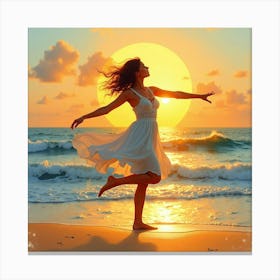 Dancer With Watercolor Golden Sun Setting Over Ocean 1 Canvas Print