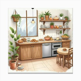 Cozy Home Bakery In Watercolor, With Baked Goods And Warm Decor Canvas Print