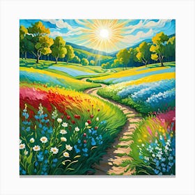 Sunny Day in A Meadow with Winding Path, Wildflowers, Trees, Painting Canvas Print