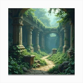 Ancient Ruins Overgrown With Mystical Plants And Guarded By Enchanted Beasts 1 Canvas Print