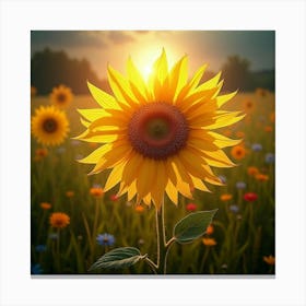 A Radiant Sunflower With Petals Of Cascading, Iridescent Light Blooming In A Mystical Meadow 1 Canvas Print