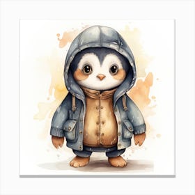 Watercolour Cartoon Penguin In A Hoodie Canvas Print