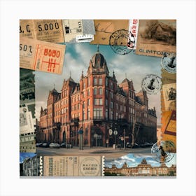 Vintage Travel Stamps And Train Photos Collage On Coffee Corner Wallpaper Canvas Print